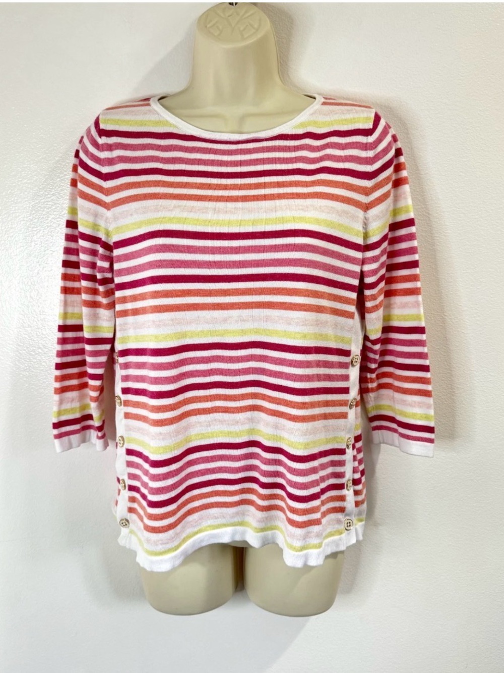 Talbots Striped Crewneck Knit Top in Pink, Coral & White